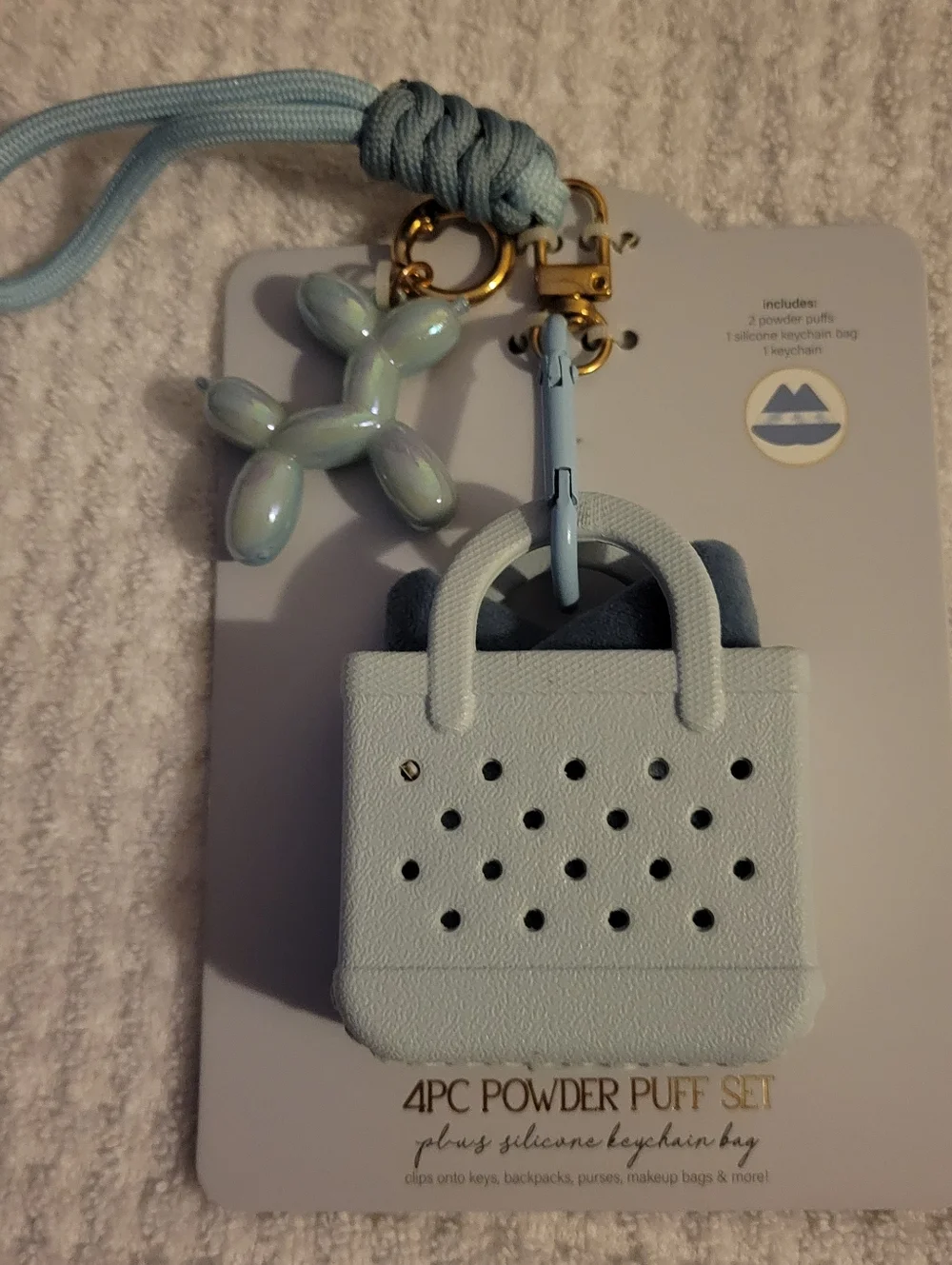 New Mini Tote Keychain, 4PC Powder Puff Set, Blue Iridescent Balloon Dog Charm‎